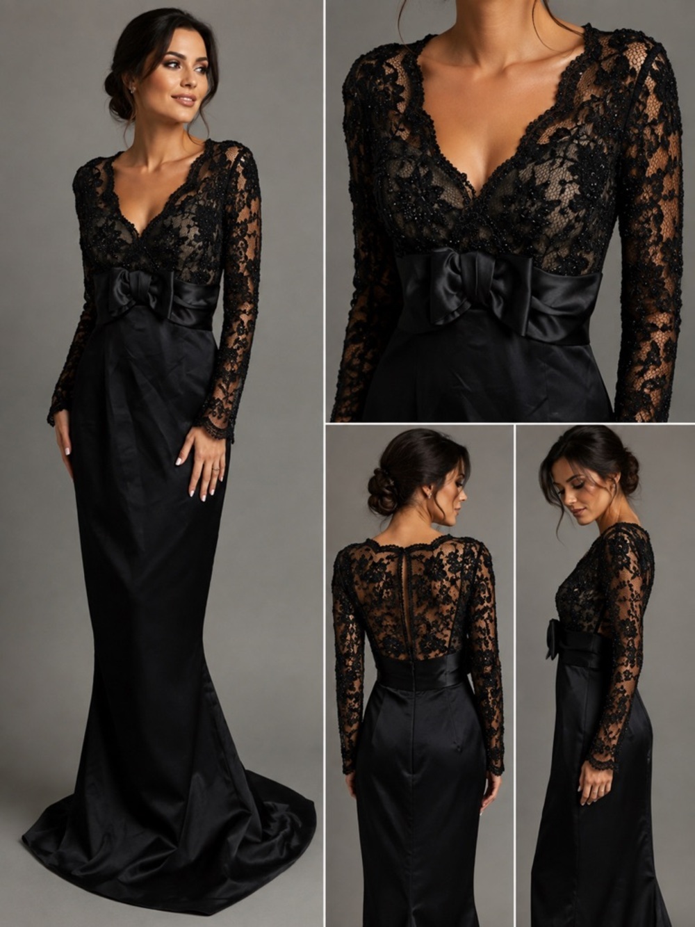 Vintage Oleg Cassini Black Tie Beaded Lace Satin Evening Gown Size 12
